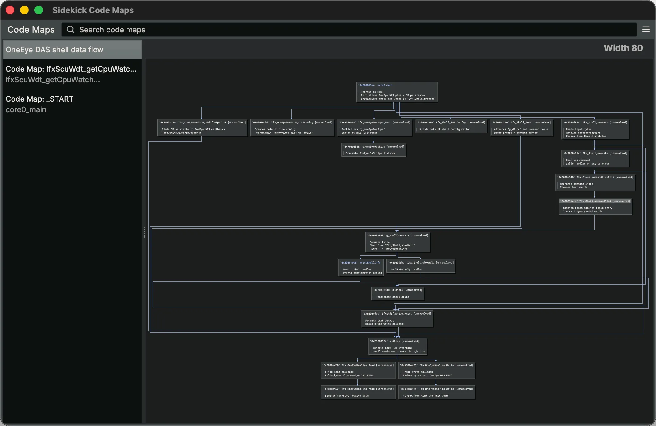 Code Maps render call graphs as an interactive diagram in their own sidebar, with live index entries inside the function nodes.