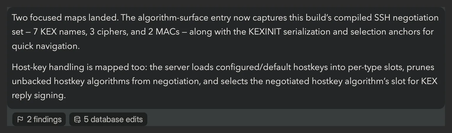 An assistant message summarising the SSH algorithm surface, with "2 findings" and "5 database edits" evidence chips beneath it