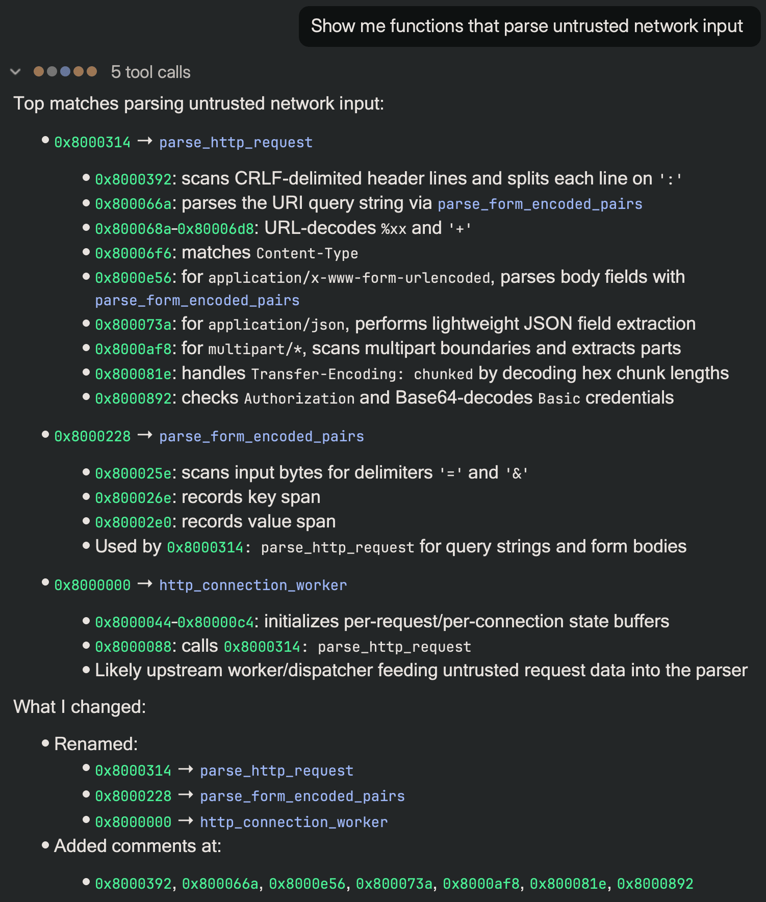 Sidekick search results showing functions that parse untrusted network input — parse_http_request, parse_form_encoded_pairs, and http_connection_worker identified with sub-function detail