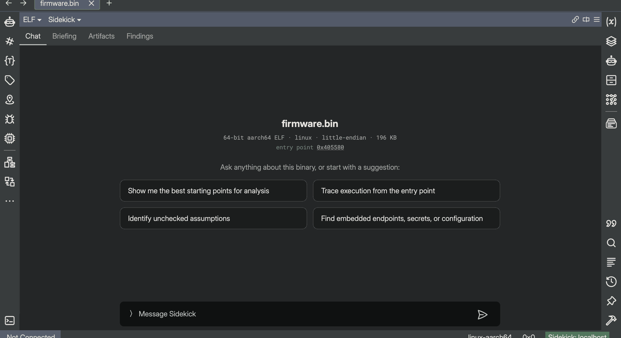 Binary Ninja with a firmware binary open in the Sidekick view: the view selector reads Sidekick, and the center pane shows Chat, Briefing, Artifacts, and Findings tabs above the file's architecture, platform, size, and entry point with four suggested opening questions