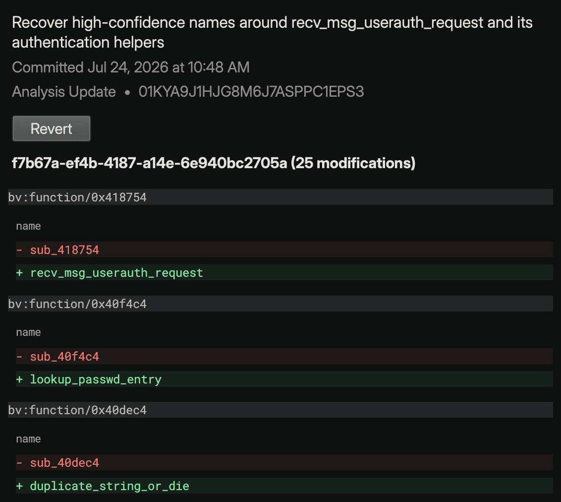 A committed Analysis Update in the Sidekick transaction log: its description, timestamp, and transaction ID above a Revert button, and a grouped diff showing sub_418754 renamed to recv_msg_userauth_request and sub_40f4c4 renamed to lookup_passwd_entry