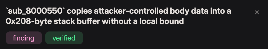 Analysis notebook entry: verified finding 'copy_to_stack_and_checksum copies attacker-controlled body data into a 0x208-byte stack buffer without a local bound' with evidence links to sub_80004b4, sub_8000556, handle_http_connection, and sub_8000578