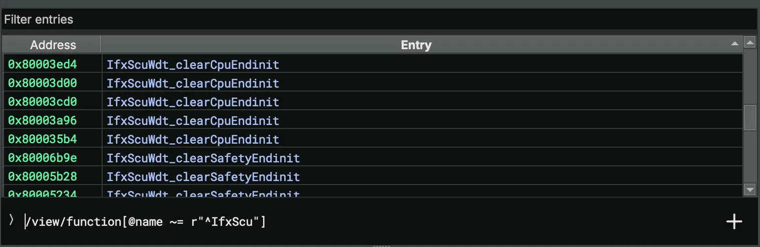 One BNQL query in the Indexes sidebar collects matching functions from every open binary into a single index; click any result to jump straight to it in the binary it belongs to.