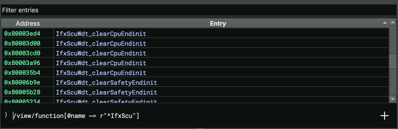 One BNQL query in the Indexes sidebar collects matching functions from every open binary into a single index; click any result to jump straight to it in the binary it belongs to.