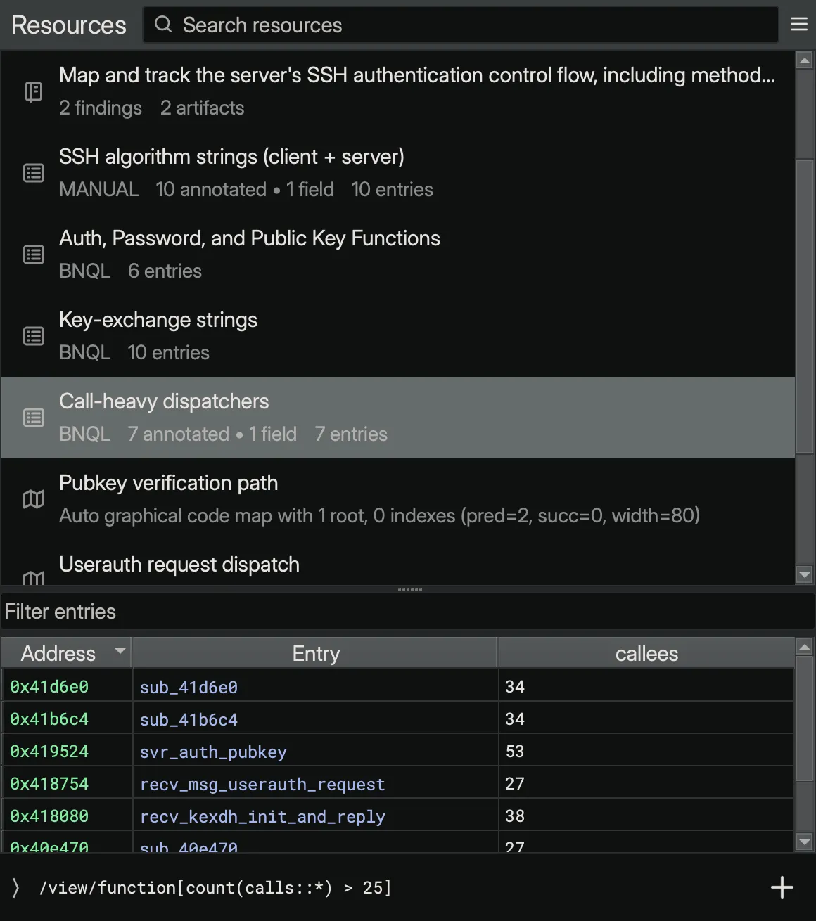 The Sidekick Resources sidebar: one browse list mixing a notebook entry, three indexes, and code maps — each with its own kind icon — above the selected index's entry table and the BNQL query that built it