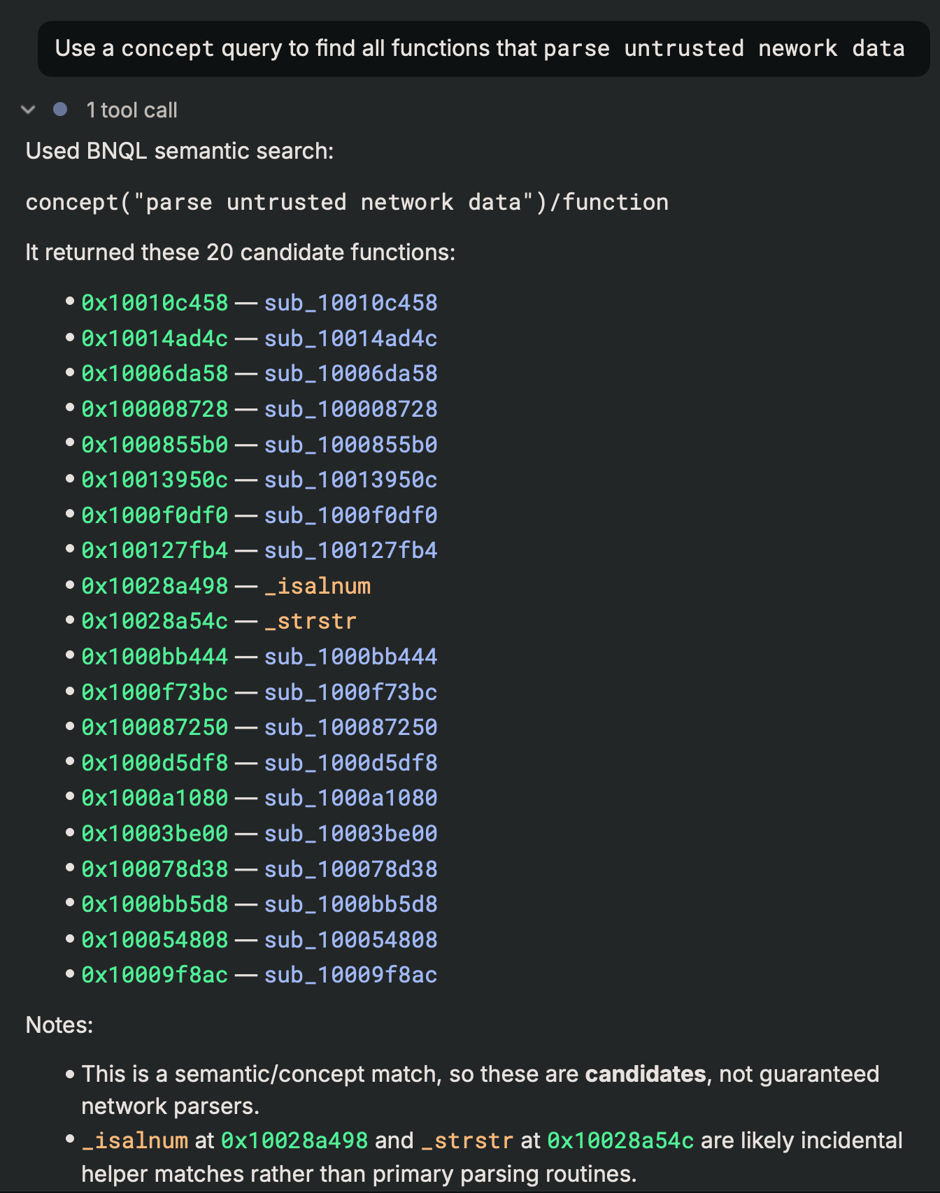 Sidekick semantic search in Binary Ninja