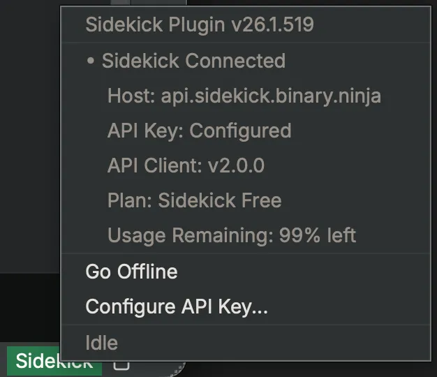 Sidekick status bar widget showing the Sidekick Free plan and 99% usage remaining