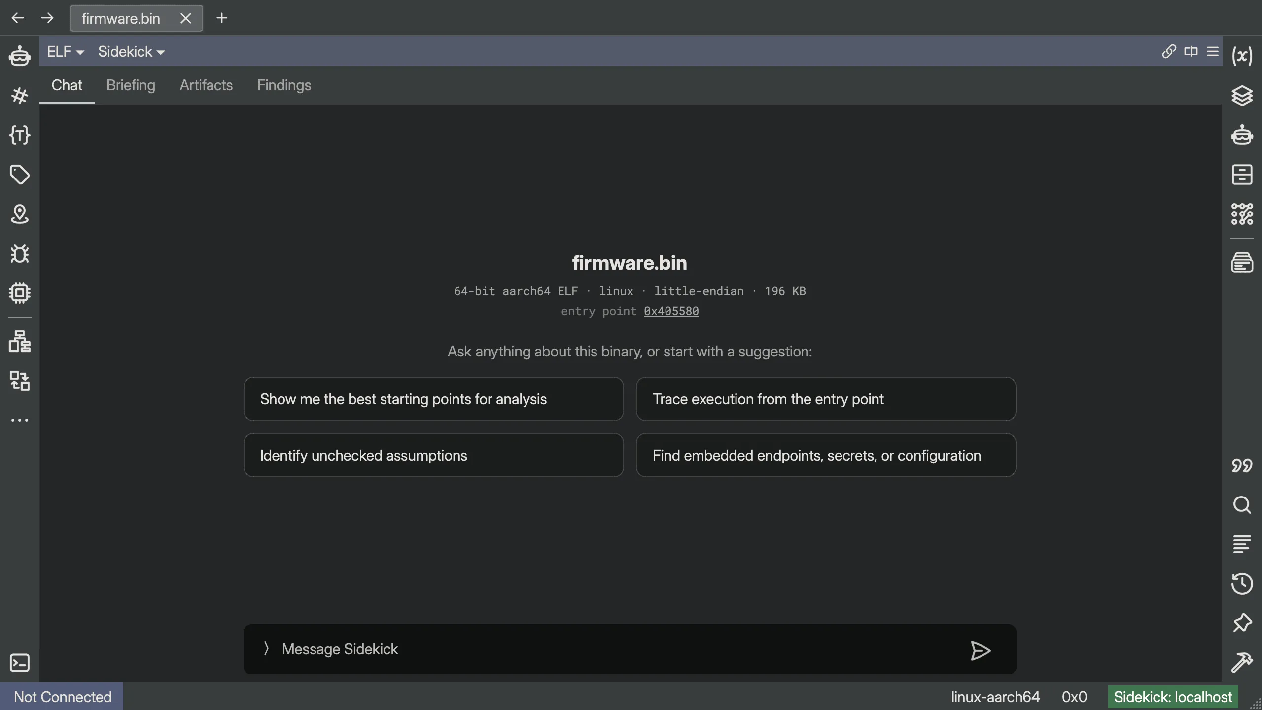 Binary Ninja opening a binary straight into the Sidekick view: the Chat tab's home state showing the file's architecture, platform, size, and entry point above four suggested opening questions