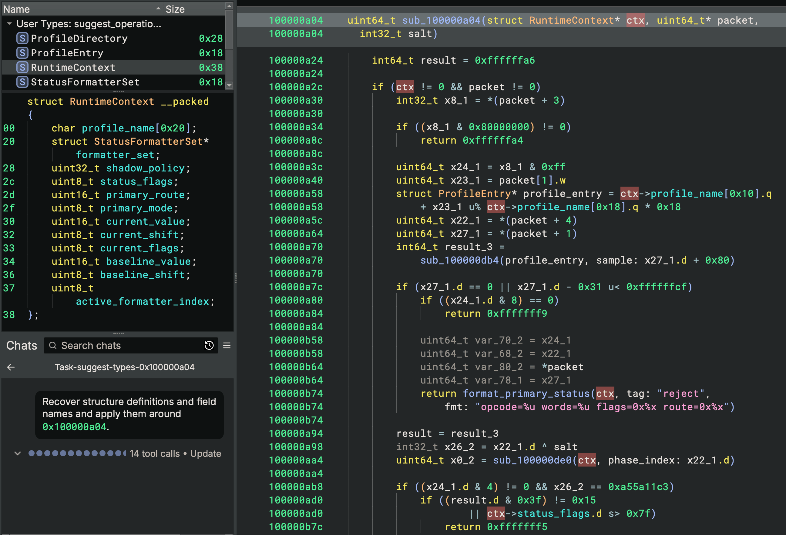 Decompiler output after Sidekick recovers user-defined types, field names, and typed accesses