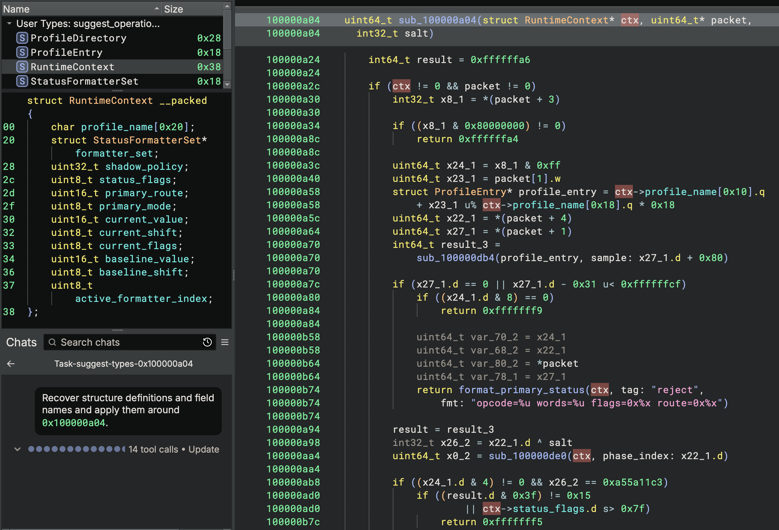 Decompiler output after Sidekick recovers user-defined types, field names, and typed accesses