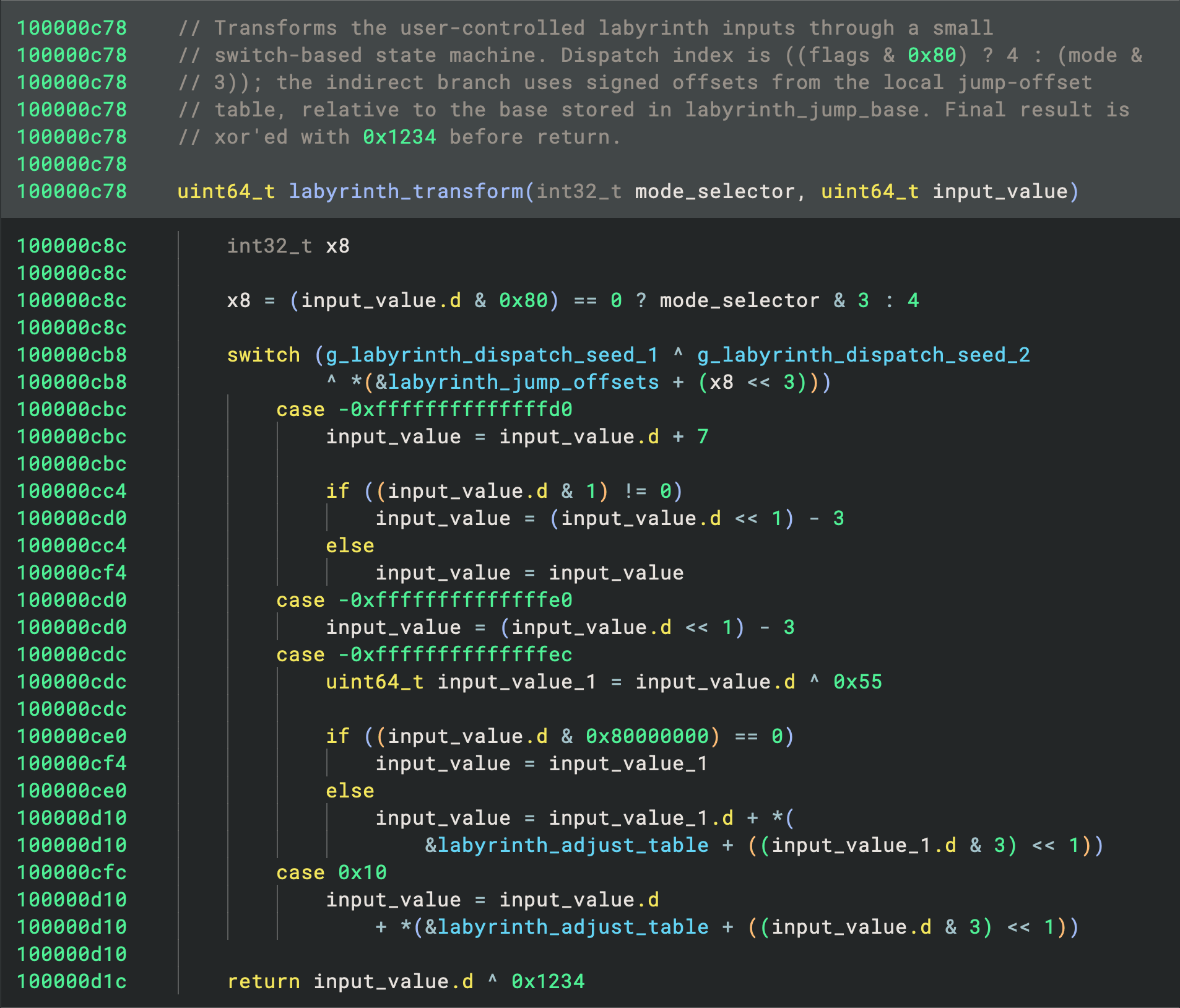Recovered function with renamed symbols, repaired control flow, and inline reasoning after Sidekick analysis