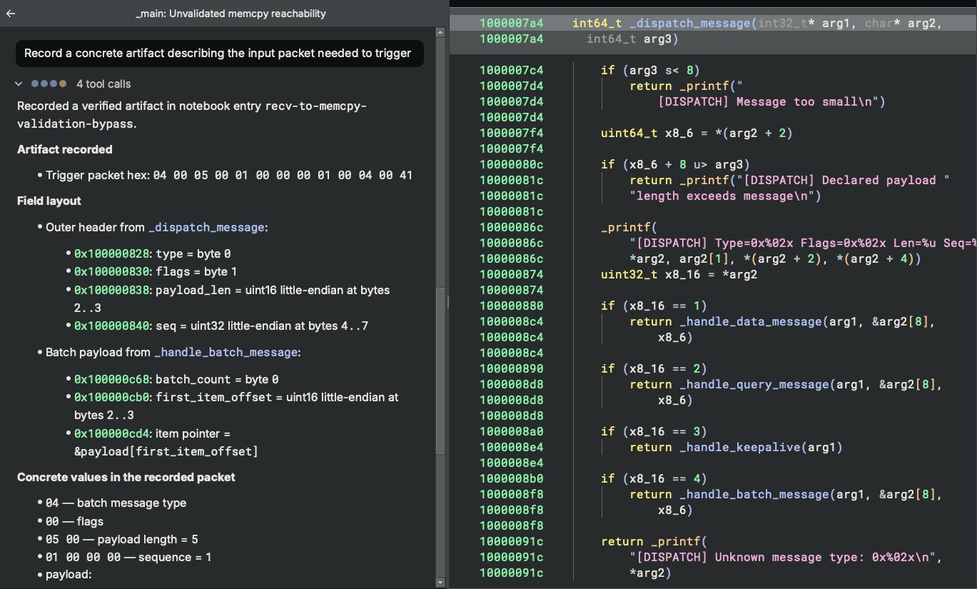 Sidekick chat recording a concrete artifact for an unvalidated recv-to-memcpy reachability path