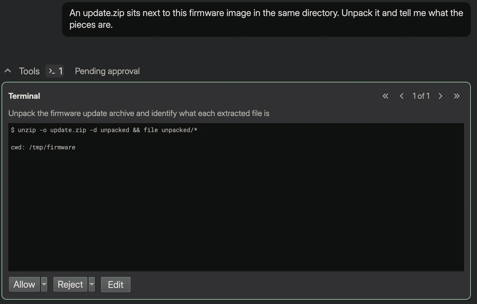 A pending terminal command awaiting approval: the stated purpose, the command unzip -o update.zip -d unpacked && file unpacked/*, its working directory, and Allow, Reject, and Edit buttons