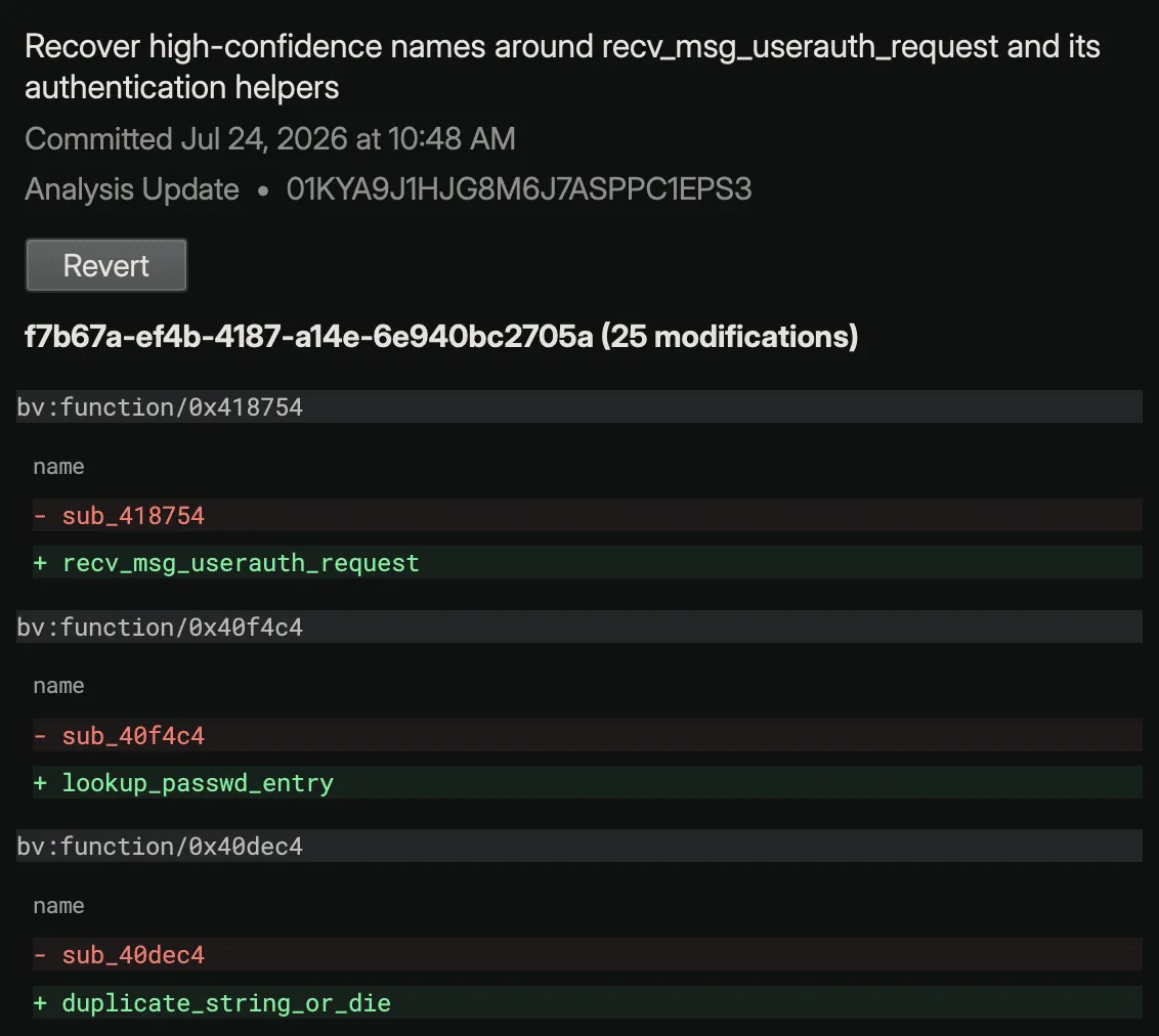 A committed Analysis Update in the transaction log: description, timestamp, transaction ID, a Revert button, and the grouped diff showing sub_418754 renamed to recv_msg_userauth_request