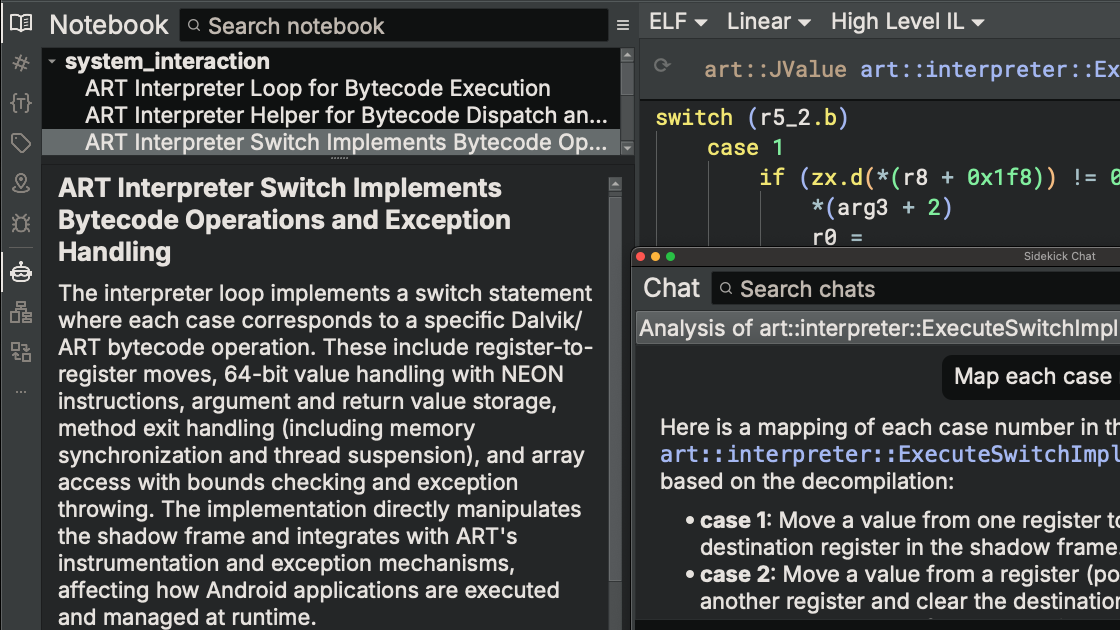 The Notebook sidebar presents findings captured automatically by Sidekick during analysis