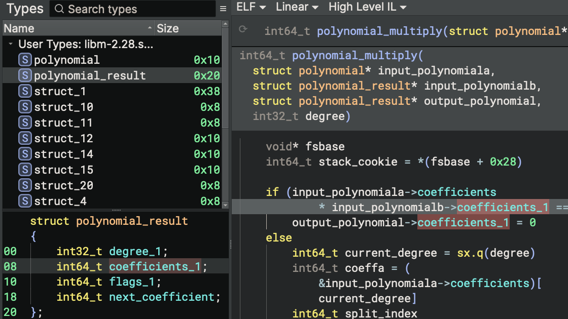 The Types sidebar shows structures recovered by Sidekick.