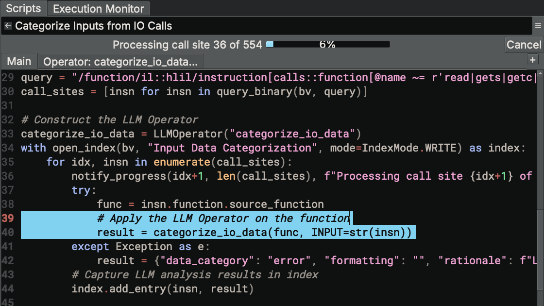 The Automation Workbench runs scripts that apply LLMs directly to program analysis tasks